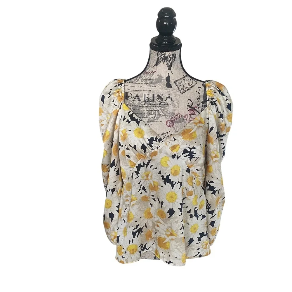 Zara Daisy Floral Top Womens Medium Yellow Puff Sleeve Smocked Sweetheart Blouse